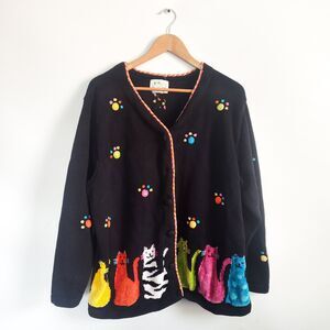 Quacker Factory Cardigan Cat Sweater Large 90s Y2K Oversized Cottagecore Knitted